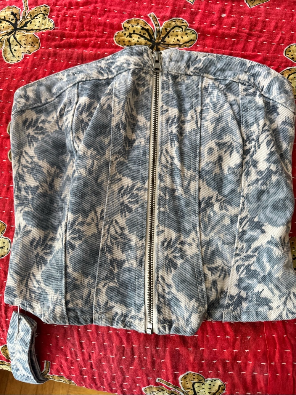 Levi's Blue and White Floral Denim Crop Top with Front Zip